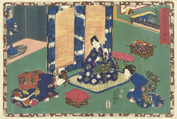 Prince Genji sitting on a rug in a room, Japanese print, Kunisada (I), Utagawa, Kinugasa Fusajiro,