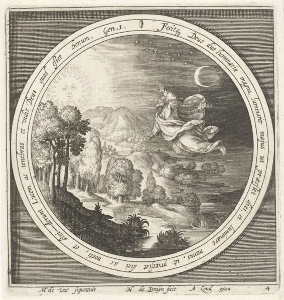 Fourth day of creation, God creates the sun, moon and stars, Nicolaes de Bruyn, Assuerus van