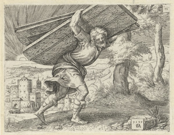 Samson carrying the gates of Gaza, print maker: Cornelis Massijs, 1549