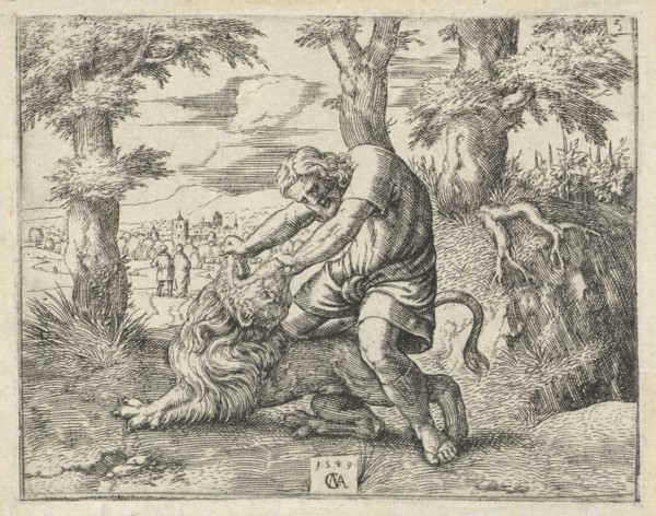 Samson kills the lion, Cornelis Massijs, 1549