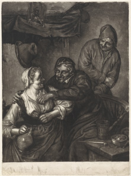 Tavern scene with three figures with a fireplace, Pieter Schenk I, Adriaen van Ostade, 1670-1713