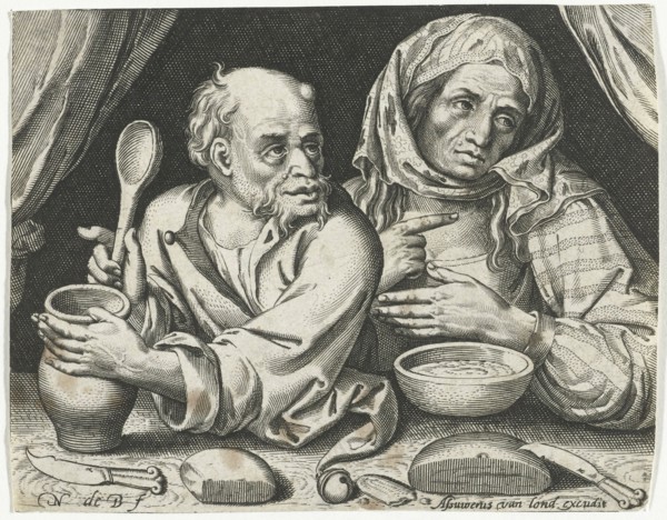 Man and woman eating porridge, Nicolaes de Bruyn, Assuerus van Londerseel, 1581 - 1656