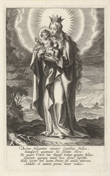 Enthroned Virgin and Child, print maker: Cornelis Galle I, Theodoor Galle, 1586 - 1650