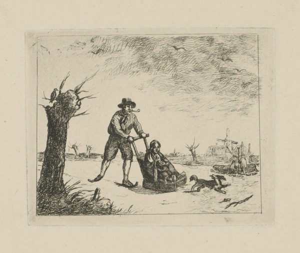 Winter landscape with skater, in the background are two men in a boat and a windmill, David van der
