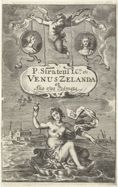 Venus on a shell with burning heart and arrow, floating off the coast of Zeeland, topped by two