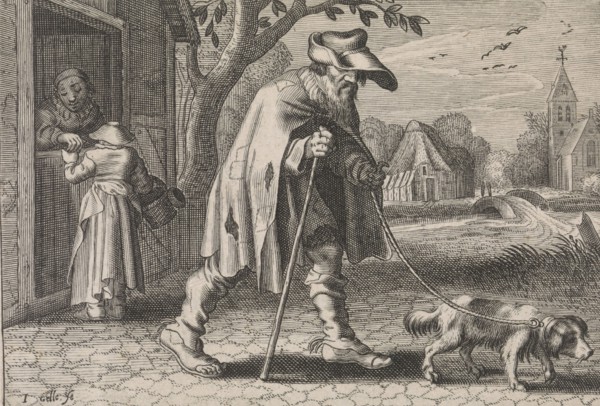 Blind man led by a dog, woman before the door of her house, she buys something from a market stall,