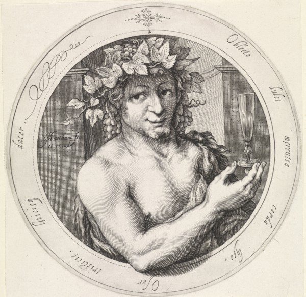 Bacchus with glass, Jacob Matham, 1599 - 1600