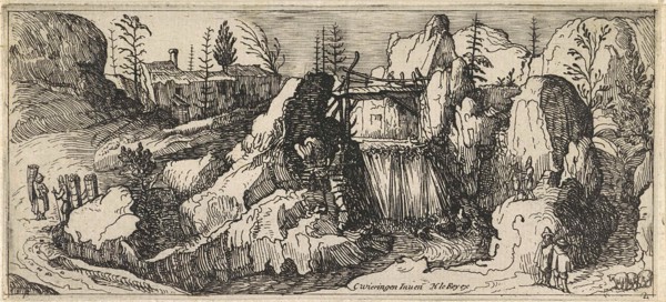 Rocky landscape with a waterfall, Henry le Roy, 1614-1618