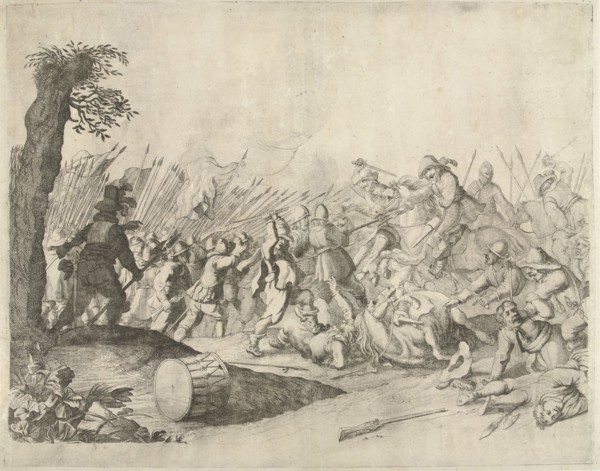 Fight between horsemen and infantry, Willem Basse, 1633 - 1672