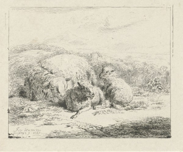 Lying sheep with two lambs, William Young Ottley, 1685