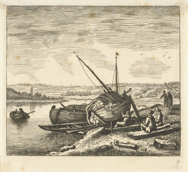 River view with man and boat, William Young Ottley, Jan van Almeloveen, Herman Saftleven, 1828