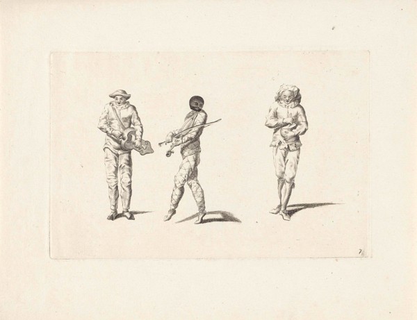 Harlequin and two jesters making music, Anonymous, Gerardus Josephus Xavery, Pieter Schenk (I),