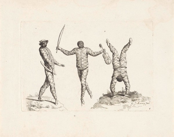 Three harlequins, Anonymous, Pieter Schenk II, 1728