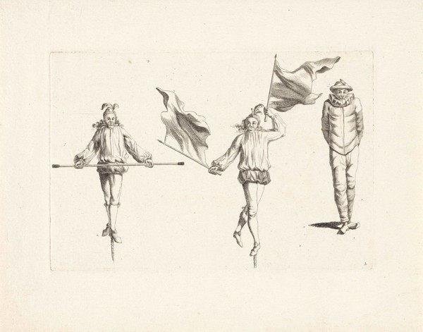 Two tightrope walkers with attributes and a clown, Anonymous, Gerardus Josephus Xavery, Pieter