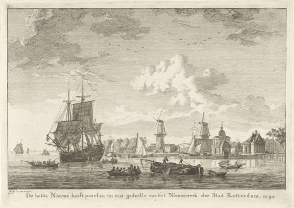 View of Rotterdam from the water, to the right is the new main gate flanked by two stone mills, a