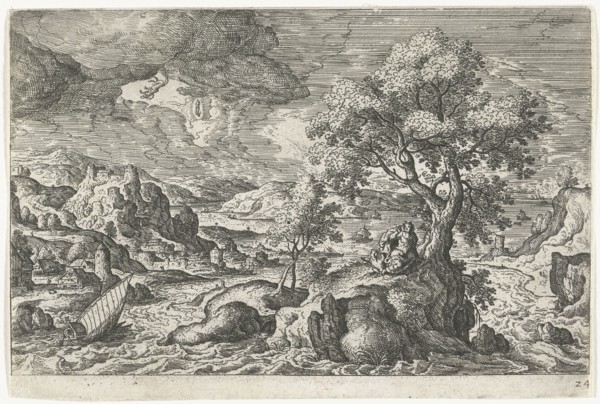 A hermit who in the company of a bird lives on a small island, has a vision, in the sky appear a