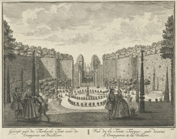 View from the Turkish Tent on the orangery and the aviary in the garden of House ter Meer in