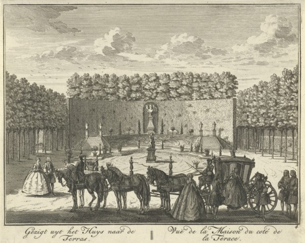 View of the terrace in the French garden of House ter Meer in Maarssen, in the foreground stands a
