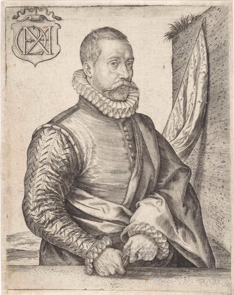 Portrait of a man with a banner, print maker: Johannes Wierix, 1559 - before 1620