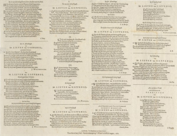 Praise poems of various writers Lieven Willemsz or Coppenol, Cornelis Boey, Jacob Westerbaen, Joost