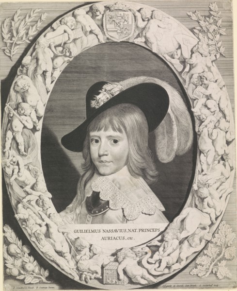 Portrait of Willem II in an ornate oval frame with putti, print maker: Jonas Suyderhoef (mentioned