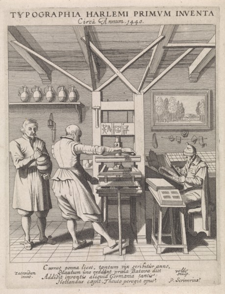 The invention of the printing press by Laurens Jansz. Coster, Haarlem, ca. 1440, interior of a book