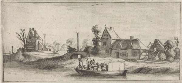 Travelers in a boat on a river, Jan van de Velde (II), Cornelis Willemsz Blaeu-Laken, 1627