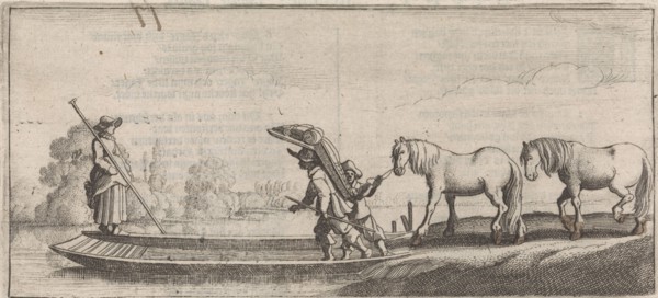 Peddler and two horses on a ferry, Jan van de Velde II, Cornelis Willemsz Blaeu-Laken, 1627