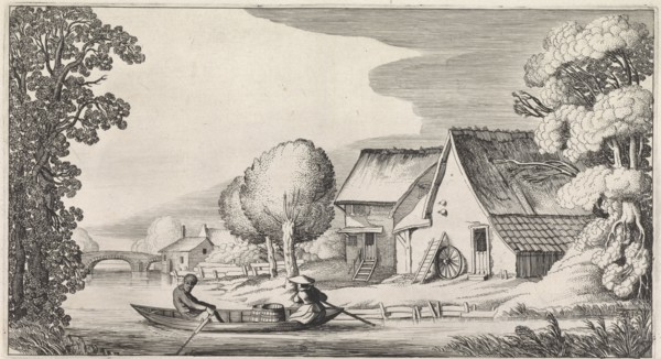 Farmer and his wife in a rowing boat, in the background a stone bridge can be seen, print maker: