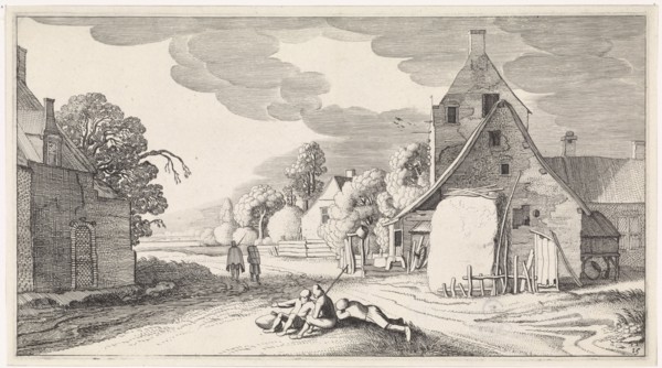 Resting farmers along a road in a village, print maker: Jan van de Velde II, 1639 - 1641