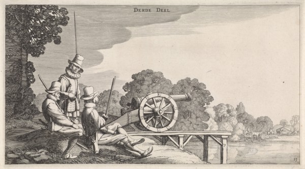 Soldiers with a gun on a dock on a river, Jan van de Velde (II), 1639-1641