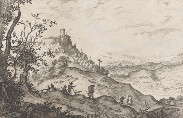 Mountain Landscape with walkers and shepherds, Claes Jansz. Visscher (II), 1610 - 1652