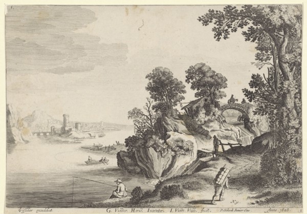 River landscape with travelers on country road, Jan van de Velde (II), Pieter Schenk (II), 1628