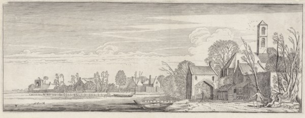Figures in a village by a lake, Jan van de Velde (II), 1603 - 1641