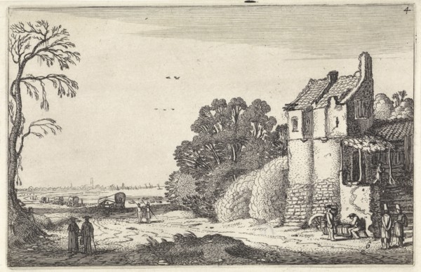 Figures at a house and covered wagons on a country road, Jan van de Velde (II), 1616