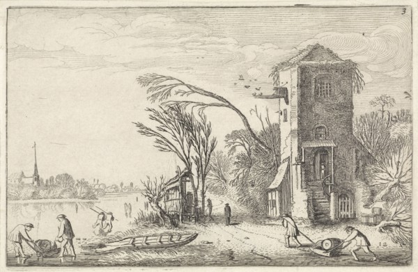 Figures in a winter landscape with a tower, Jan van de Velde (II), 1616