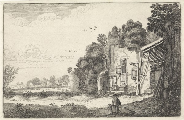 Woman with child in a ruined house, print maker: Jan van de Velde II, 1616