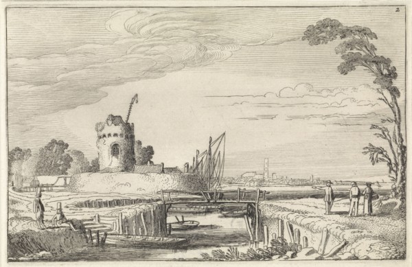 Figures at a harbor and a tower, Jan van de Velde (II), 1616
