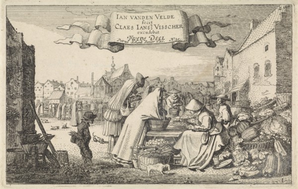 Figures at a vegetable stall at a market, Jan van de Velde (II), 1616
