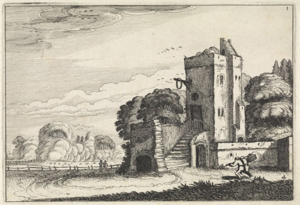 Figures with a basket at a bird tower in a landscape, Jan van de Velde (II), 1616