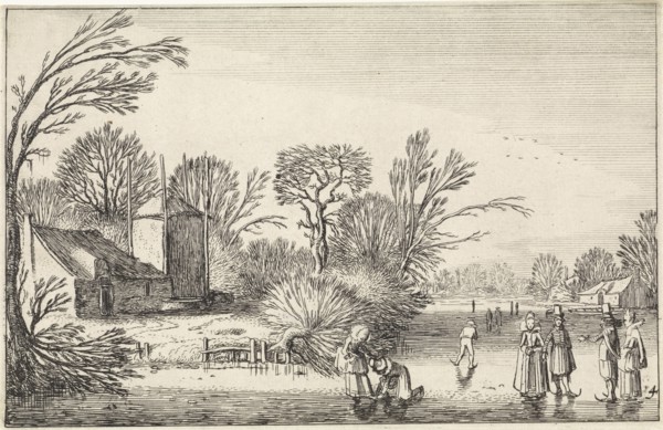 Skating at a farm and a haystack, Jan van de Velde (II), 1616