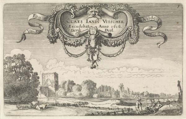 Resting figures in a landscape with cows and a tower, print maker: Jan van de Velde II, Claes Jansz