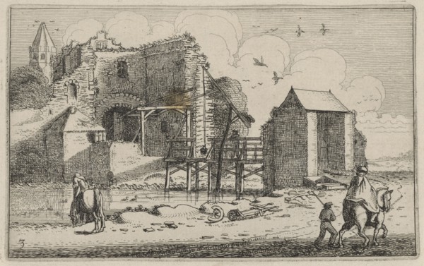 Horsemans at a ruined castle with bridge, Jan van de Velde (II), 1616