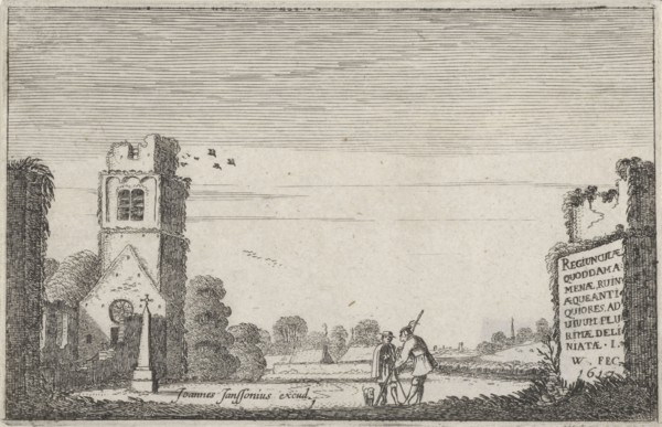 Two figures in a ruined church, Jan van de Velde II, Johannes Janssonius, 1617