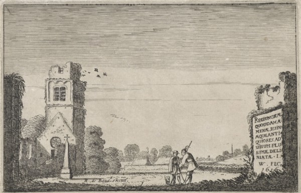 Two figures in a ruined church, Jan van de Velde (II), Robert de Baudous, 1616