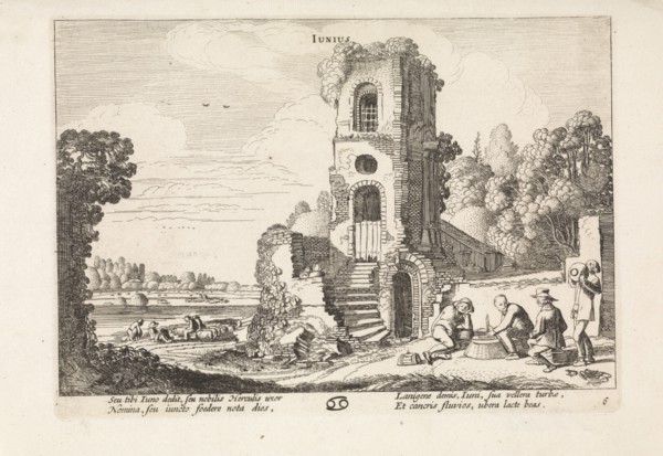 Landscape with a ruined tower: june, print maker: Jan van de Velde II,  Reinier Telle, 1608 - 1618