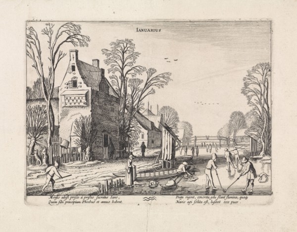 Winter landscape with flask players on the ice: january, The Netherlands, Jan van de Velde (II),