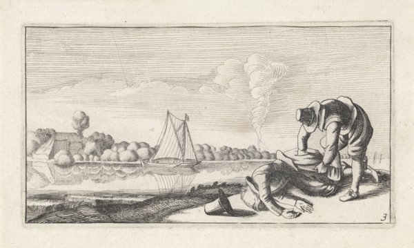 River Landscape with a dead man who robbed, Jan van de Velde (II), Anonymous, Claes Jansz. Visscher
