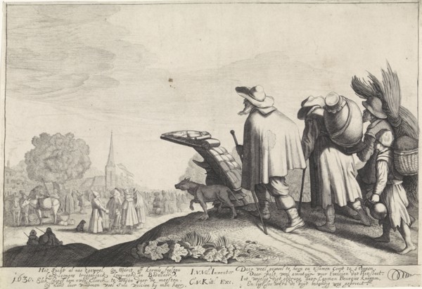 A procession of tramps on the way to the market or fair, the first carries a large rack on the back
