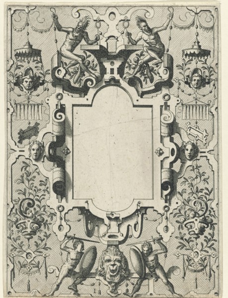 Cartouche in a frame of scroll work with grotesques, Johannes or Lucas van Doetechum, Hans Vredeman